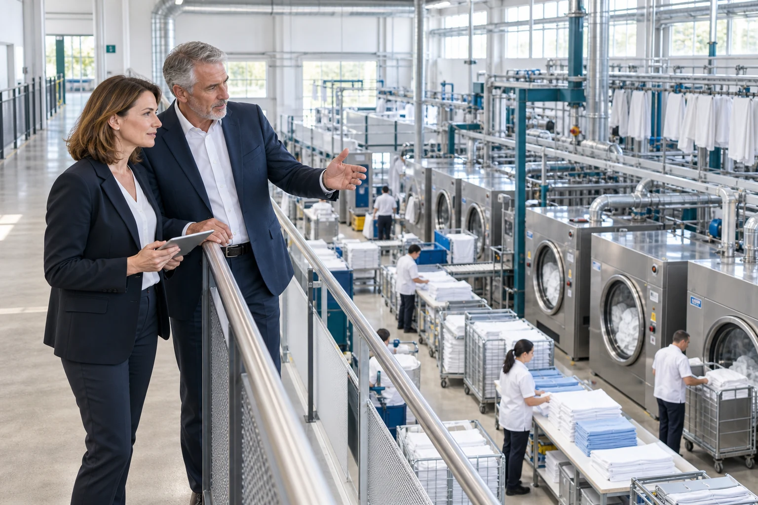 Eigentümer und Kaufinteressentin besprechen ein Unternehmen in einer modernen Wäschereiproduktion