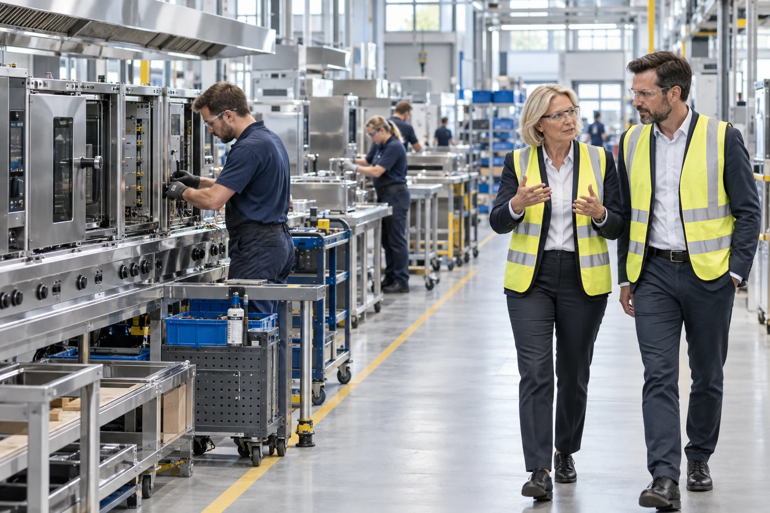 Kaufinteressent und technische Leiterin in einer modernen Fertigung für Großküchenausstattung